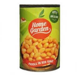 Bax 12 Cutii Fasole Alba in Sos Tomat HOME GARDEN, 400 g, Fasole la Conserva, Fasole Prefiarta, Conserva de Fasole in Sos Tomat, Fasole Boabe in Sos Tomat, Cutie Boabe de Fasole Alba, Boabe de Fasole Alba Fierte in Sos Tomat, Fasole Boabe in Sos Tomat