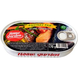 Pastrav File in Ulei cu Legume, Home Garden, 170 g, Conserva de Pastrav, Conserva de Peste Home Garden, Pastrav File in Ulei cu Legume in Conserva, Pastrav File Home Garden, Pastrav File in Ulei 170 g