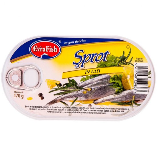 Sprot in Ulei Evrafish, 170 g, Sprot in Ulei, Peste in Ulei, Sprot cu Ulei, Conserva Peste, Conserve Peste, Conserve Sprot, Sprot la Conserva, Conserva Sprot, Peste la Conserva, Sprot Intreg la Conserva, Peste in Conserva, Peste in Ulei