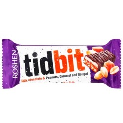 Baton de Ciocolata cu Umplutura de Nougat si Caramel cu Arahide, Roshen Tidbit, 50 g,  Baton Roshen de Ciocolata, Baton cu Umplutura, Gama Roshen Tidbit, Baton de Ciocolata cu Nougat si Caramel