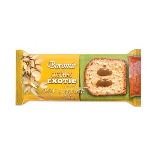 Cozonac Exotic Boromir cu Crema de Fistic si Ciocolata Alba, 400 g, Cozonac Boromir, Cozonac Ambalat, Cozonac cu Fistic, Cozonac cu Ciocolata Alba, Cozonaci Boromir, Cozonaci Ambalati, Cozonac Preparat, Cozonaci Preparati