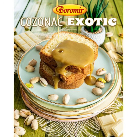 Cozonac Exotic Boromir cu Crema de Fistic si Ciocolata Alba, 400 g, Cozonac Boromir, Cozonac Ambalat, Cozonac cu Fistic, Cozonac cu Ciocolata Alba, Cozonaci Boromir, Cozonaci Ambalati, Cozonac Preparat, Cozonaci Preparati