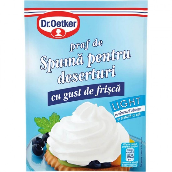 Praf de Spuma Light Dr.Oetker, 45 g, Gust de Frisca, Praf de Spuma Light pentru Deserturi cu Gust de Frisca, Dr. Oetker Praf de Spuma cu Gust de Frisca, Praf Frisca pentru Prajituri, Praf de Spuma Preparat cu Apa, Praf de Frisca Preparat cu Apa