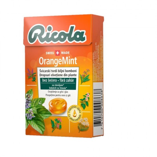 Dropsuri Portocale si Menta Ricola, 40 g, Ricola Orange Mint Drops, Dropsuri Ricola cu Aroma de Portocale si Menta, Dropsuri Ricola cu Gust de Portocale si Menta, Dropsuri Mentolate Ricola, Dropsuri cu Menta Ricola, Dropsuri cu Portocale Ricola