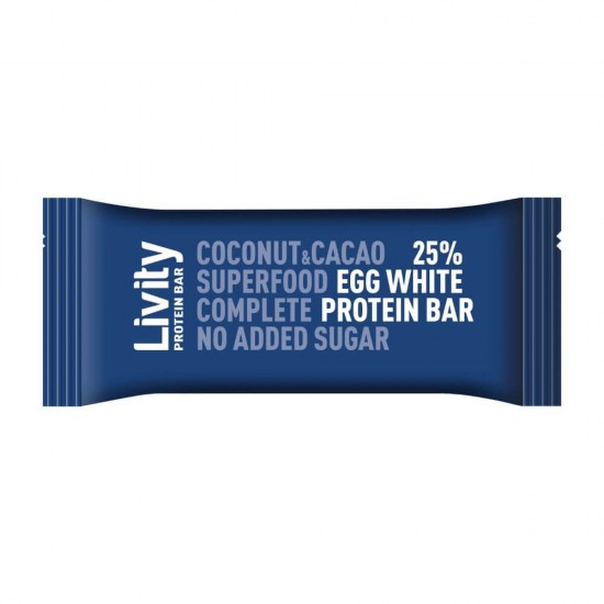 Baton cu Cocos Livity Protein Coconut&Cocoa, 46 g, Batoane Livity Protein, Batoane Dietetice Livity Protein, Batoane cu Fibre si Proteine pentru Diete, Batoane Nutritive fara Zahar, Batoane fara Calorii