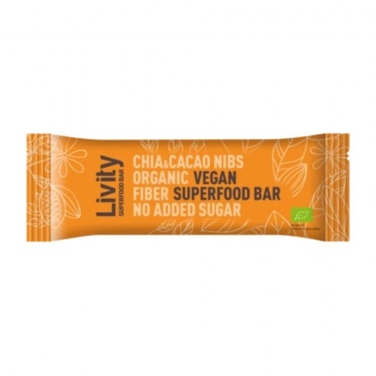 Baton cu Chia Livity Protein Chia&Cacao Nibs, 46 g, Batoane Livity Protein cu Chia, Batoane Dietetice Livity Protein, Batoane cu Fibre si Proteine pentru Diete, Batoane Nutritive fara Zahar, Batoane fara Calorii