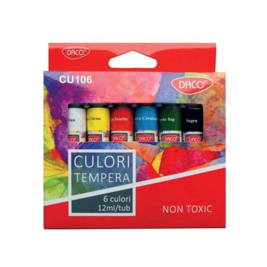 Vopsea Tempera DACO, 6 Culori/Set, 12 ml/Tub, Multicolor, Set Tempera, Acuarele Tempera, Tempera Acuarele, Tempera Tub, Culoare Tempera, Tempera, Acuarele, Culori Tempera, Vopsele Tempera, Culori pentru Pictura