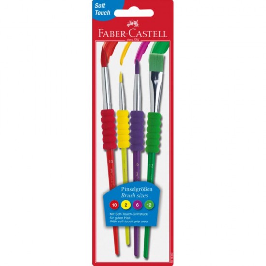 Set 4 Pensule cu Par Sintetic Faber-Castell Soft Touch, Grip Moale, Marimi si Culori Diferite, Pensule Pictura, Set Pensule Pictura, Penson Pictura, Set Pensoane, Pensoane de Pictat, Pensula Pictura, Pensule pentru Pictura, Pensoane pentru Pictat