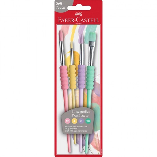 Set 4 Pensule cu Par Sintetic Faber-Castell Soft Touch Pastel, Grip Moale, Marimi si Culori Diferite, Pensule Pictura, Set Pensule Pictura, Penson Pictura, Set Pensoane, Pensoane de Pictat, Pensula Pictura, Pensule pentru Pictura, Pensoane pentru Pictat