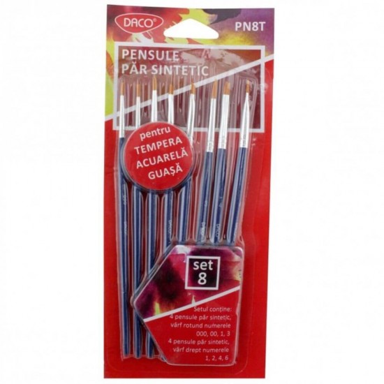 Pensule DACO, 8 Buc/Set, Varf Drept/Rotund cu Par Sintetic, Pensule Pictura, Pensule Daco, Pensule Pictura Daco, Pensule Par Sintetic, Pensula din Par Sintetic, Pensule Pictura Tempera