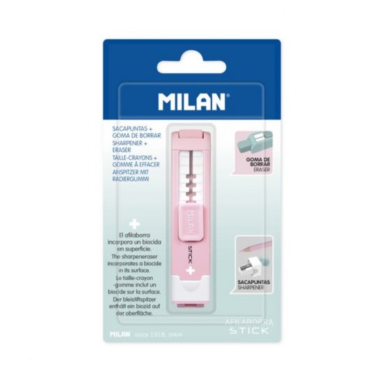 Ascutitoare Mecanica cu Radiera Stick Milan, Roz, Radiera din Cauciuc Sintetic, Accesorii Scoala, Rechizite Scolare, Rechizite Scolare Milan, Ascutitoare Simpla Ieftina, Ascutitoare cu Radiera Scoala, Ascutitoare pentru Creioane