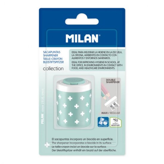 Ascutitoare Dubla cu Rezervor Milan Antibacterial, Verde, Mecanica, Accesorii Scoala, Rechizite Scolare, Rechizite Scolare Milan, Ascutitoare Dubla Ieftina, Ascutitoare Dubla Scoala, Ascutitoare pentru Creioane, Ascutitoare Dubla Creioane