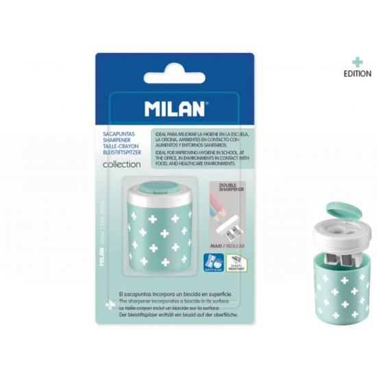 Ascutitoare Dubla cu Rezervor Milan Antibacterial, Verde, Mecanica, Accesorii Scoala, Rechizite Scolare, Rechizite Scolare Milan, Ascutitoare Dubla Ieftina, Ascutitoare Dubla Scoala, Ascutitoare pentru Creioane, Ascutitoare Dubla Creioane