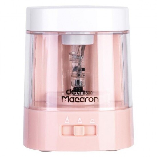 Ascutitoare Electrica, Deli Macaron, 3 Tipuri de Ascutire, pentru Creioane 8 mm, Roz Coral Plastic, Plastic, Ascutitoare Electrica Deli Macaron