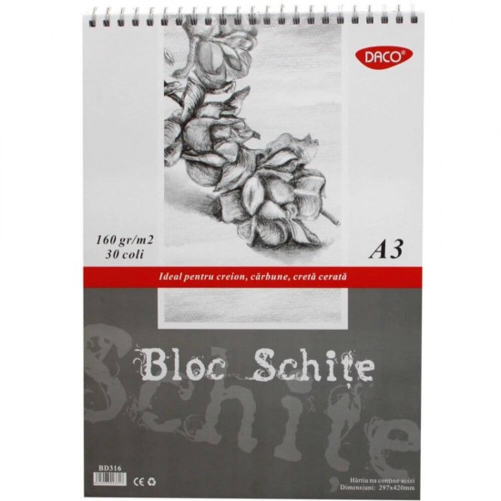 Bloc Schite A3 Daco, 30 File, 160 g/m², Bloc Hartie Legata cu Spira, Bloc de Schite cu Coperta, Hartii pentru Schite Daco, Bloc de Desen cu Spirala, Hartie pentru Carbune Grafit Creion sau Creta Cerata, Bloc Hartie Alba cu Coperta Groasa