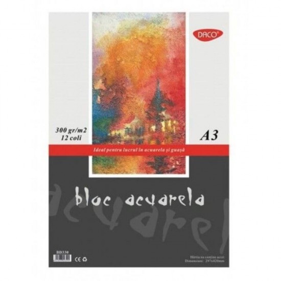 Bloc Desen Acuarela A3 Daco, 12 File, 300 g/m², Bloc Hartie pentru Acuarele si Guase, Hartie Pentru Vopsele Acuarele, Bloc de Desen pentru Culori pe Baza de Apa, Bloc de Desen A3