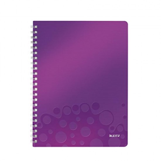 Caiet de Birou Spiralat A4 Dictando (DR) Leitz Wow , Coperta PP Mov Metalizat, 80 File, Caiet Cu Linii Spiralat, Caiet Coperta Tare Spiralat, Caiet Dictando Colorat, Caiet pentru Scoala, Caiete de Birou cu Spirala