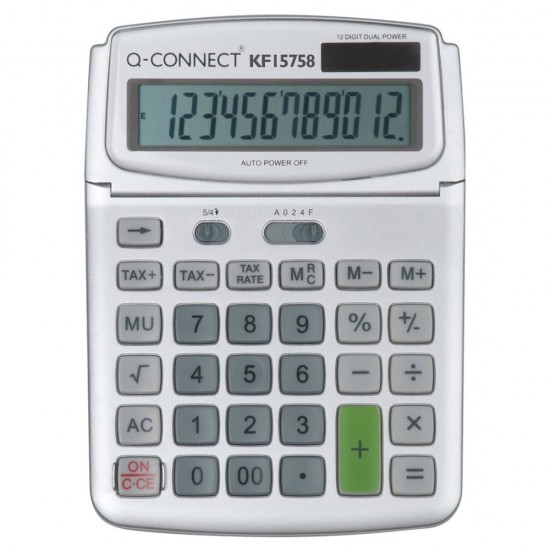Calculator de Birou Q-CONNECT, 12 DG, 140x180 mm, Afisaj Inclinat, Format Mare, Functie Tax, Culoare Gri