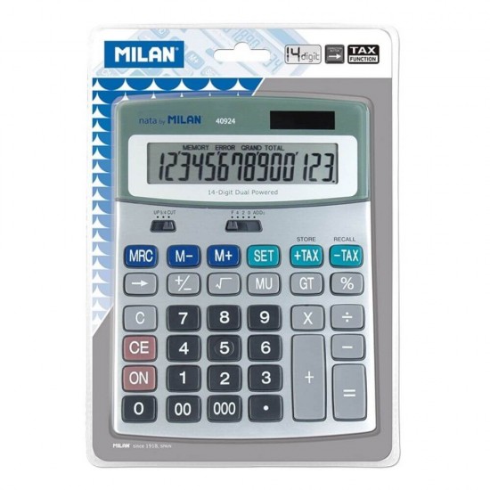 Calculator de Birou MILAN, 14 Digits, 185x140x20 mm, Alimentare Duala, Ecran Plat, Corp din Plastic Gri, Calculatoare Birou, Calculator 14 Digits, Calculator 14 DG de Buzunar, Calculator de Birou MILAN, Calculatoare Buzunar, Calculator Portabil