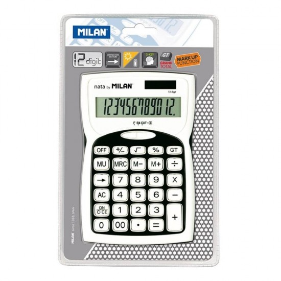 Calculator de Birou MILAN, 12 Digits, 152x100x37 mm, Alimentare Duala, Corp din Plastic Alb/Negru, Calculatoare Birou, Calculator 12 Digits, Calculator 12 DG de Buzunar, Calculator de Birou MILAN, Calculatoare Buzunar, Calculator Portabil