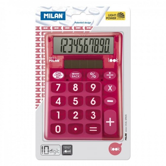 Calculator de Birou MILAN Look, 10 Digits, 145x106x21 mm, Alimentare Solara, Corp Roz din Plastic Transparent, Calculatoare Birou, Calculator 10 Digits, Calculator Buzunar, Calculator de Birou MILAN, Calculatoare Buzunar, Calculator Portabil