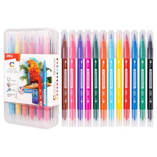  Set 12 Carioci cu Varf Dublu Fin/Carioca, Deli Color Emotion, Culori Lavabile, Multicolore, Carioci Multicolore Deli,  Set de Carioci, Rechizite Scolare, Carioci cu Varf Dublu