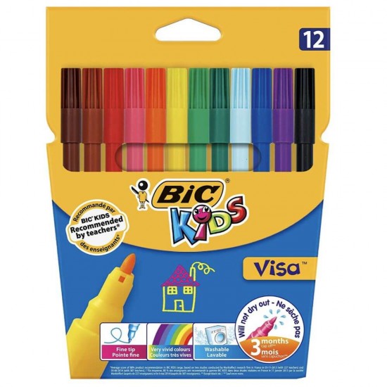 Set 12 Carioci Bic Visa, 12 Culori, Set Carioci Colorate, Carioci Colorate, Carioci pentru Desen, Carioci Colorate pentru Scoala, Carioci de Colorat, Seturi Colorate de Carioci, Rechizite Scolare