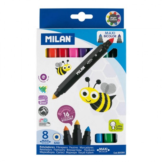 Set 8 Carioci Multicolore cu Doua Capete MILAN Maxi Bicolor, 16 Culori, Carioci cu Cantitate Mare de Cerneala, Carioci Multicolore, Set Carioci Multicolore, Set 8 Carioci, Carioci Milan, Carioci 16 Culori, Carioci Milan 16 Culori