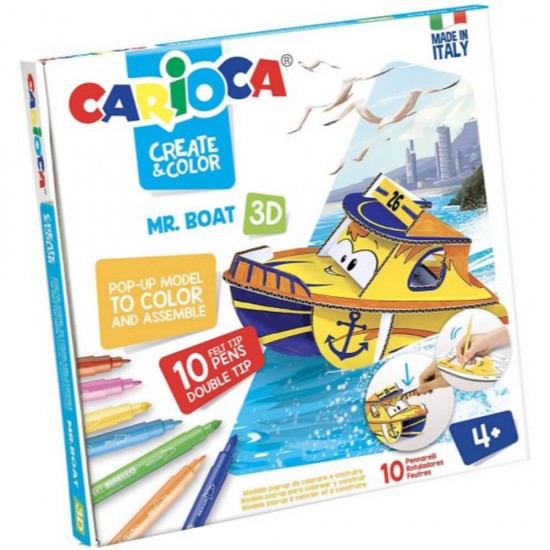 Set 10 Carioci CARIOCA 3D Mr. Boat + 2 Planse Tip Puzzle 3D, 2 Capete, Carioci Non-Toxice, Carioci de Colorat, Carioci cu Capat Dublu, Carioci Lavabile, Carioci cu Puzzle, Carioci pentru Copii, Puzzle 3D