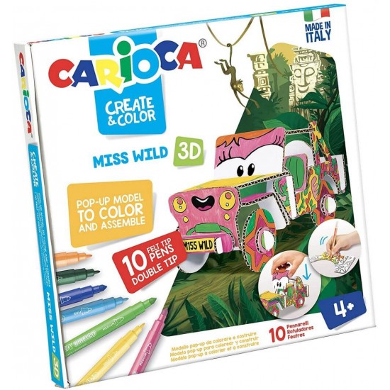 Set 10 Carioci CARIOCA 3D Mr. Wild + 2 Planse Tip Puzzle 3D, 2 Capete, Carioci Non-Toxice, Carioci de Colorat, Carioci cu Capat Dublu, Carioci Lavabile, Carioci cu Puzzle, Carioci pentru Copii