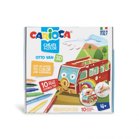 Set 10 Carioci CARIOCA 3D Otto Van + 2 Planse Tip Puzzle 3D, 2 Capete, Carioci Non-Toxice, Carioci de Colorat, Carioci cu Capat Dublu, Carioci Lavabile, Carioci cu Puzzle, Carioci pentru Copii, Puzzle 3D de Colorat