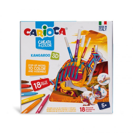 Set 18 Carioci CARIOCA 3D Cangur + 2 Planse Tip Puzzle 3D, 6 Carioci Maxi 6 mm, 12 Carioci 2.6 mm, Carioci Non-Toxice, Carioci de Colorat, Carioci Colorate Capat Dublu, Carioci de Colorat pentru Copii, Puzzle 3D de Colorat