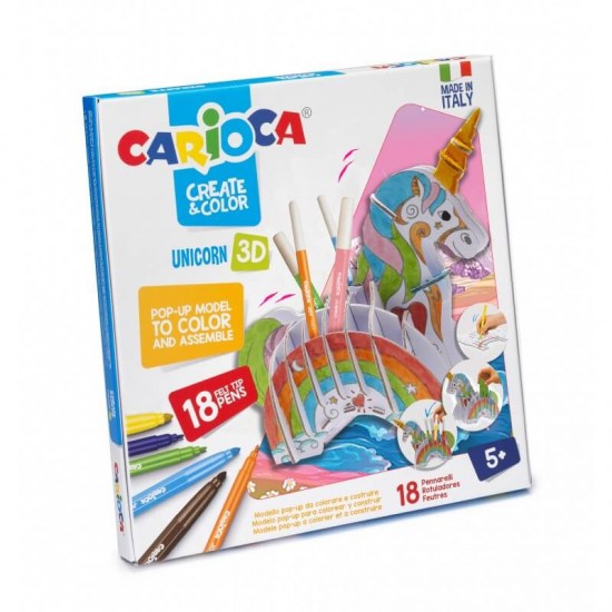 Set 18 Carioci CARIOCA 3D Unicorn + 2 Planse Tip Puzzle 3D, 6 Carioci Maxi 6 mm, 12 Carioci 2.6 mm, Carioci Non-Toxice, Carioci de Colorat, Puzzle 3D de Colorat, Carioci de Colorat pentru Copii