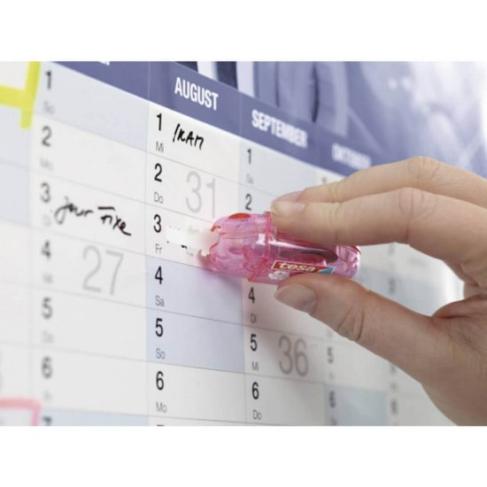 Dispenser cu Banda Corectoare Tesa 5mm x 6m, Corp Roz, Dispenser Banda Corectoare pentru Birou, Dispenser Tesa, Dispenser Banda Corectoare Colorata, Accesorii Birou, Dispenser Corector Roz