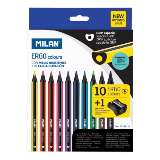 Set 10 Creioane Color MILAN Maxi Ergo, Corp din Lemn Negru, 10 Culori Diferite si Ascutitoare Inclusa, Set Creioane Colorate, Creioane Colorate, Creioane pentru Desen, Creioane Colorate pentru Scolari, Creioane Colorate din Lemn, Rechizite Scolare