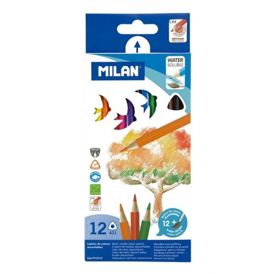 Set 12 Creioane Acuarela MILAN, 12 Culori Diferite Si Pensula Inclusa, Set Creioane Acuarela, Creioane Colorate Acuarela, Creioane pentru Pictura, Creioane Acuarela pentru Scolari, Creioane Acuarelabile, Creioane de Apa, Rechizite Scolare