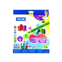Set 12 Creioane Color MILAN Maxi, Ascutitoare Maxi Inclusa, Corp din Lemn Triunghiular, 12 Culori Diferite, Set Creioane Colorate, Creioane Colorate, Creioane pentru Desen, Creioane Colorate pentru Scolari, Creioane de Colorat, Rechizite Scolare