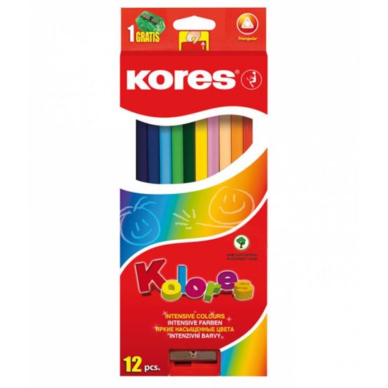 Set 12 Creioane Colorate Triunghiulare Kores, Ascutitoare, Set Creioane de Colorat, Set Culori, Creioane Colorate pentru Scoala, Set Culori pentru Scoala, Creioane Colorate Kores, Culori Kores, Creioane Colorate pentru Desen, Set Culori Kores