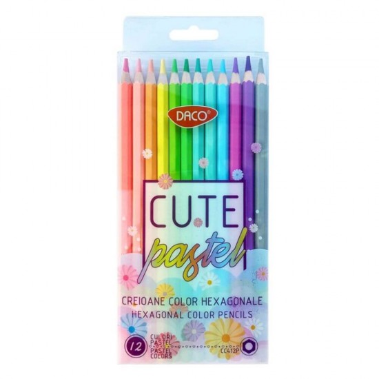 Set 12 Creioane Color DACO Pastel, Corp din Lemn Hexagonal, 12 Culori Diferite, Set Creioane Colorate, Creioane Colorate, Creioane pentru Desen, Creioane Colorate pentru Scolari, Creioane de Colorat, Creioane Colorate Pastel, Rechizite Scolare