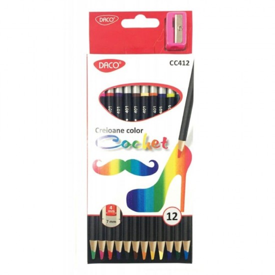 Set 12 Creioane Color DACO Cochet, Corp din Lemn Rotund, 12 Culori Diferite si Ascutitoare Inclusa, Set Creioane Colorate, Creioane Colorate, Creioane pentru Desen, Creioane Colorate pentru Scolari, Creioane Colorate din Lemn, Rechizite Scolare