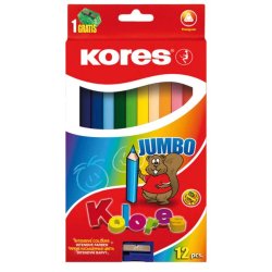 Set 12 Creioane Colorate Jumbo Kores, Forma Triunghiulara, Ascutitoare, Set Creioane de Colorat, Set Culori, Creioane Colorate pentru Scoala, Set Culori pentru Scoala, Creioane Colorate Kores, Culori Kores, Creioane Colorate pentru Desen, Set Culori Kores