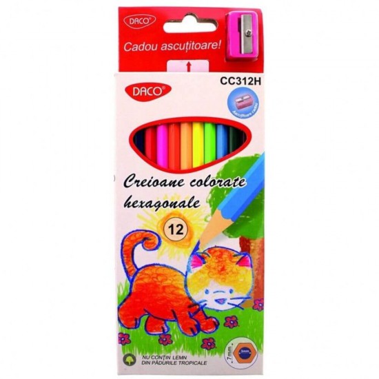 Set 12 Creioane Color DACO, Ascutitoare Inclusa, Corp din Lemn Hexagonal, 12 Culori Diferite, Set Creioane Colorate, Creioane Colorate, Creioane pentru Desen, Creioane Colorate pentru Scolari, Creioane de Colorat, Rechizite Scolare