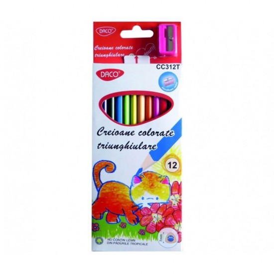 Set 12 Creioane Color DACO, Ascutitoare Inclusa, Corp din Lemn Triunghiular, 12 Culori Diferite, Set Creioane Colorate, Creioane Colorate, Creioane pentru Desen, Creioane Colorate pentru Scolari, Creioane de Colorat, Rechizite Scolare