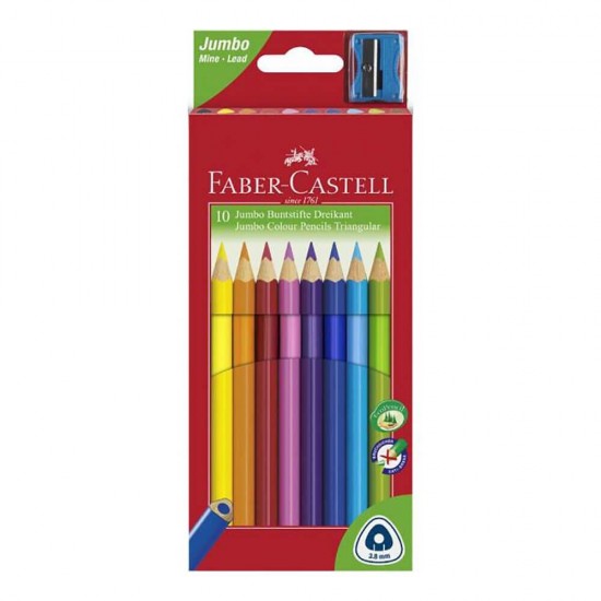 Set 10 Creioane Colorate Faber-Castell Jumbo, Triunghiulare, cu Ascutitoare Inclusa, Set Creioane Colorate si Ascutitoare, Set Creioane Colorate cu Ascutitoare, Creioane Faber Castell Jumbo, Creioane Colorate Jumbo, Creioane Colorate Corp Colorat