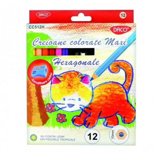 Set 12 Creioane Color DACO Maxi, Ascutitoare Inclusa, Corp din Lemn Hexagonal, 12 Culori Diferite, Set Creioane Colorate, Creioane Colorate, Creioane pentru Desen, Creioane Colorate pentru Scolari, Creioane de Colorat, Rechizite Scolare