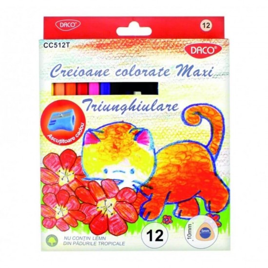 Set 12 Creioane Color DACO Maxi, Ascutitoare Inclusa, Corp din Lemn Triunghiular, 12 Culori Diferite, Set Creioane Colorate, Creioane Colorate, Creioane pentru Desen, Creioane Colorate pentru Scolari, Creioane de Colorat, Rechizite Scolare