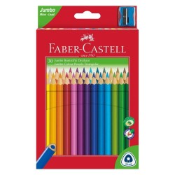 Set 30 Creioane Colorate Faber-Castell Jumbo, Triunghiulare, cu Ascutitoare Inclusa, Set Creioane Colorate si Ascutitoare, Set Creioane Colorate cu Ascutitoare, Creioane Faber Castell Jumbo, Creioane Colorate Jumbo, Creioane Colorate Corp Colorat