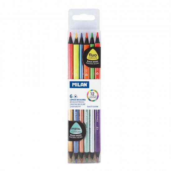 Set 6 Creioane Bicolore MILAN Fluo Metal, 12 Culori Diferite, Corp de Lemn Negru Triunghiular, Creioane MILAN cu Doua Capete, Creioane Bicolore, Creioane in Doua Culori, Set Creioane Colorate, Creion Colorat, Creioane Scoala, Creioane Desen