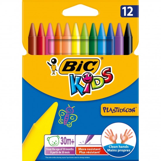 Creioane Cerate Plastifiate BIC Plastidecor, 12 Buc/Set, Culori Asortate, Creioane de Colorat, Creion Colorat Cerat, Set Creioane Cerate Plastifiate BIC Plastidecor pentru Copii, Creioane de Colorat Cerate pentru Scoala