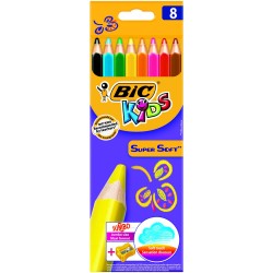 Creioane Colorate BIC Super Soft cu Ascutitoare, 8 Buc/Set, Culori Asortate, Creioane de Colorat pentru Copii BIC, Set 8 Creioane Colorate BIC Super Soft, Creioane de Colorat pentru Scoala, Creioane Colorate cu Ascutitoare